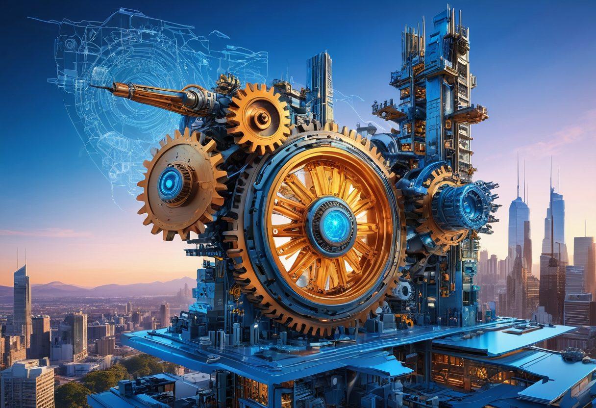 An intricate, futuristic engineering blueprint merging innovative design with practical applications, featuring gears, circuits, and architectural elements blending together. The background showcases a vibrant cityscape representing transformation and growth, with bright sunlight illuminating the scene. Include abstract overlays of technical sketches and 3D renderings that signify creativity and problem-solving. futuristic, super-realistic, vibrant colors.