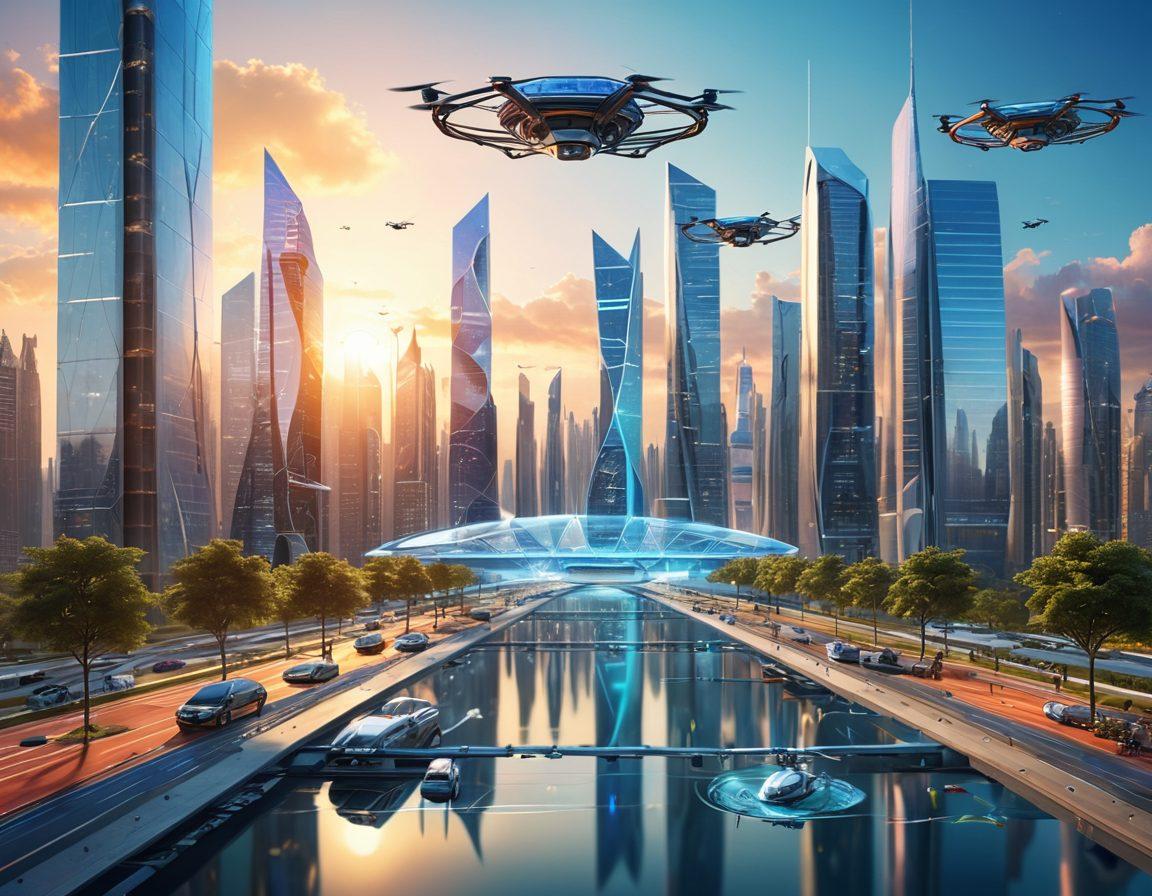 A futuristic cityscape filled with innovative engineering marvels, like floating structures, solar panel roads, and eco-friendly skyscrapers. In the foreground, a diverse group of engineers collaborate on a holographic blueprint, depicting new technologies. The sky is filled with drones and flying vehicles, symbolizing progress and innovation. Bright, energizing colors to evoke a sense of hope and creativity. super-realistic. vibrant colors. 3D.